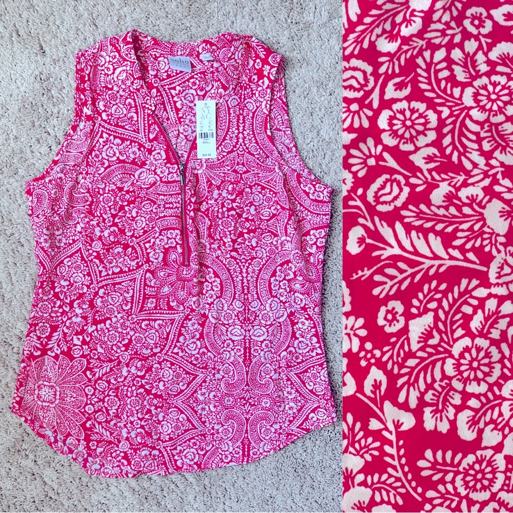 Pink White Patterned Tank Quarter Zip Top NY&Co
